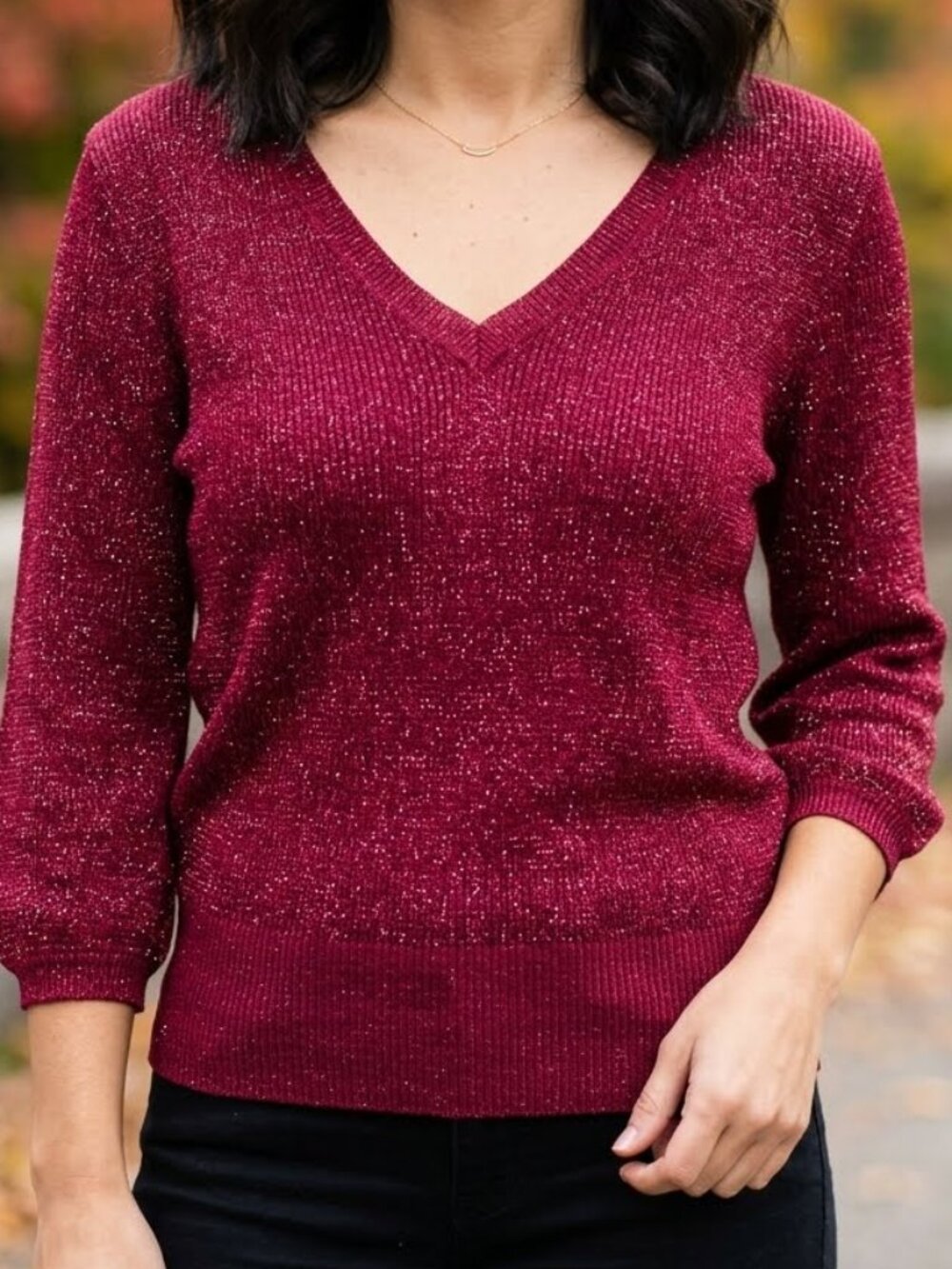 Women's Christmas Pink Glittery Stretchy Sweater V-Neck Parties New Year